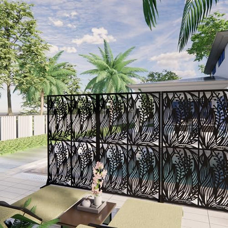Fulocseny Metal Privacy Screens 72" H Outdoor and Indoor Leaf Pattern Room Divider Privacy Screens Panels for Living Room Balcony Patio Garden (Black Fulocseny
