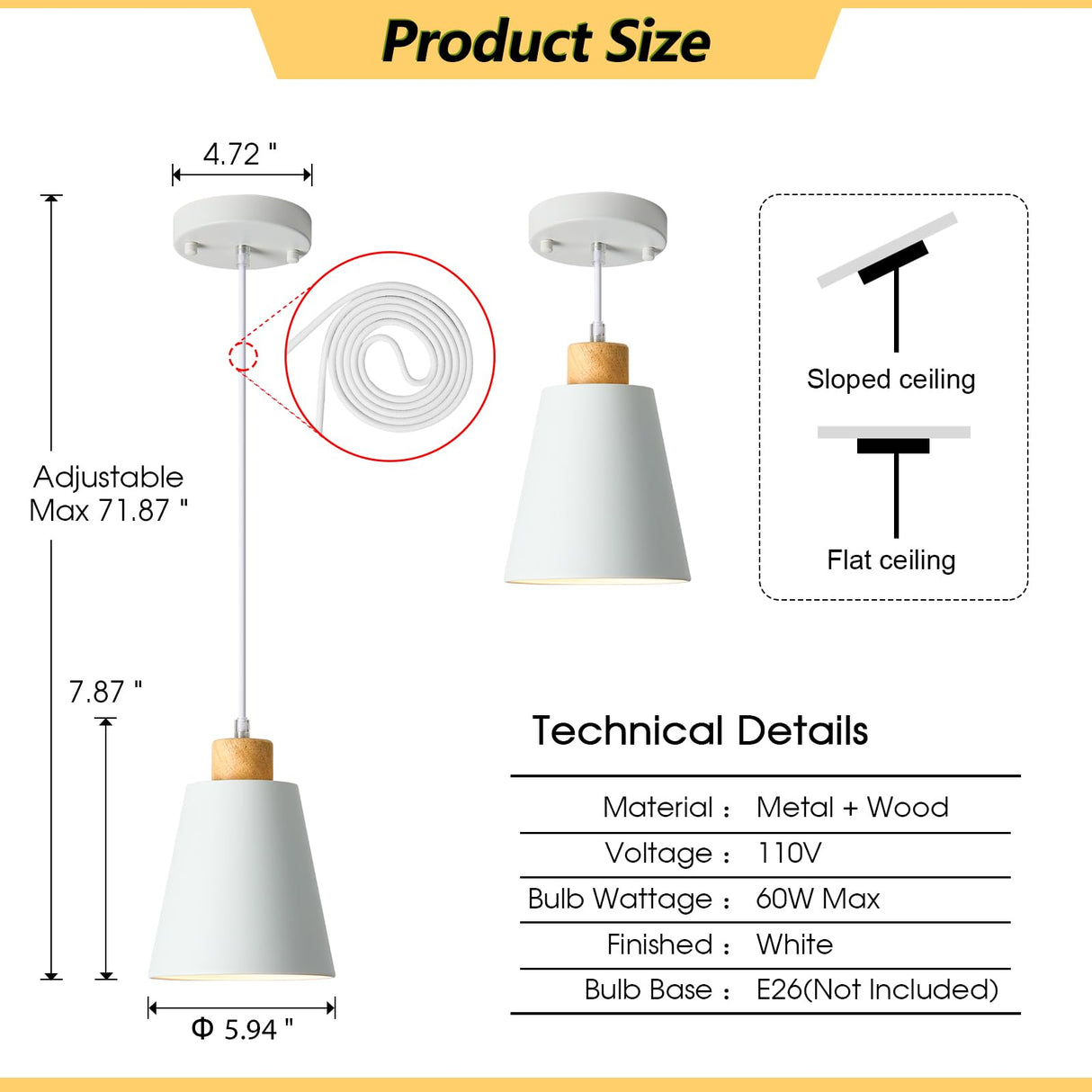 FISGONI White Pendant Light Kitchen Island Wood Pendant Lighting Mini Modern Hanging Light Small Pendant Light Fixture for Dining Room,Bar,Bedroom,Adjustable Cord,5.94 inch,1 PCS FISGONI