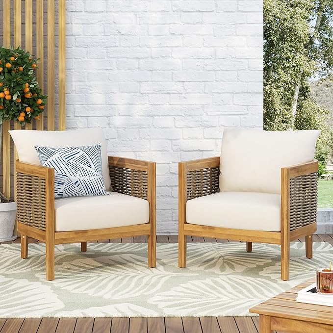 Merax Set of 2 Outdoor Acacia Wood Wicker Club Chair with Cushion,Patio Furniture Conversation Seat for Backyard Merax