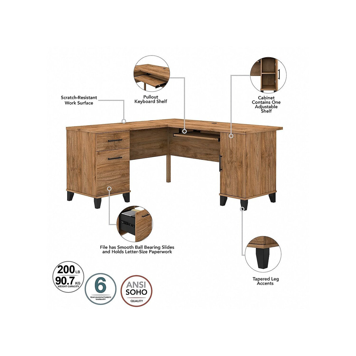 Bush Furniture Somerset L-Shaped Desk with Storage | Study Table with Drawers in Fresh Walnut | Home Office Computer Desk with Cabinets and Pullout Keyboard/Laptop Tray Bush Business Furniture