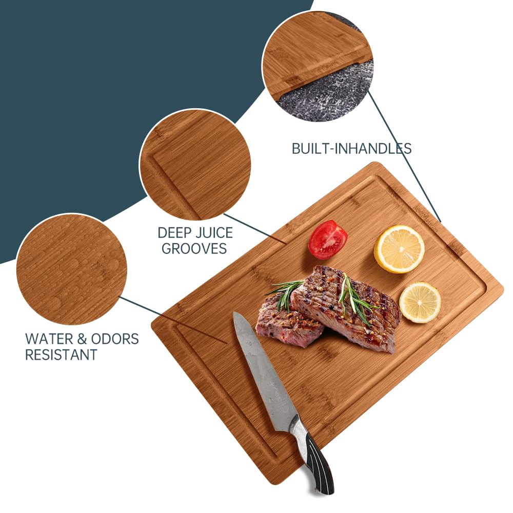 MelBell Bamboo Cutting Board Set Of 3 for Kitchen - Wooden Chopping Boards with Juice Groove - Wood Serving Board for Meat, Vegetables, Cheese MelBell