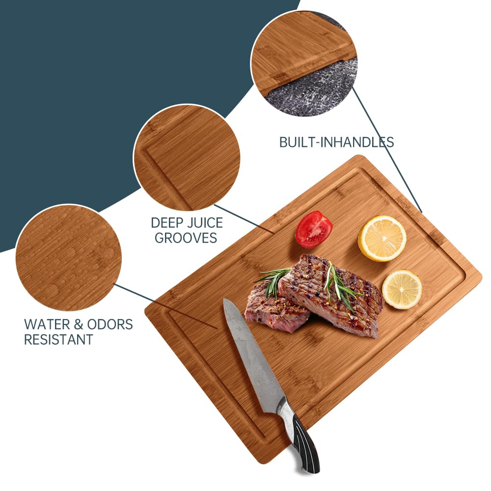 MelBell Bamboo Cutting Board Set Of 3 for Kitchen - Wooden Chopping Boards with Juice Groove - Wood Serving Board for Meat, Vegetables, Cheese