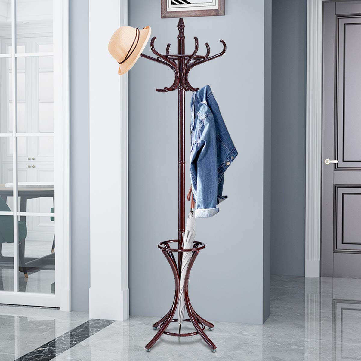 Tangkula 75.5" Standing Coat Rack, Wood Coat Tree with 12 Hooks, Home Hat Jacket Hanger Tree 12 with Umbrella Holder Coat Stand (Brown)