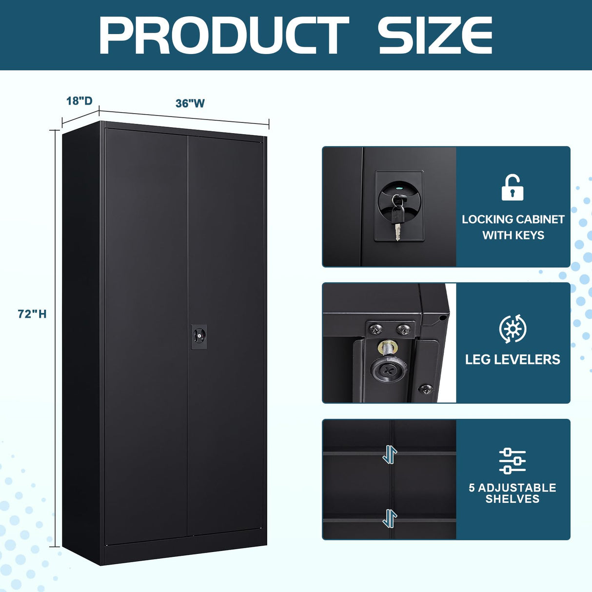 MIIIKO Black Metal Cabinet with Doors and Shelves, 72" Tall Steel Cabinet for Storage with 5 Shelves, Garage Storage Cabinet Heavy Duty, 18" Deep Locker Cabinet for Home Office Pantry Workshops MIIIKO