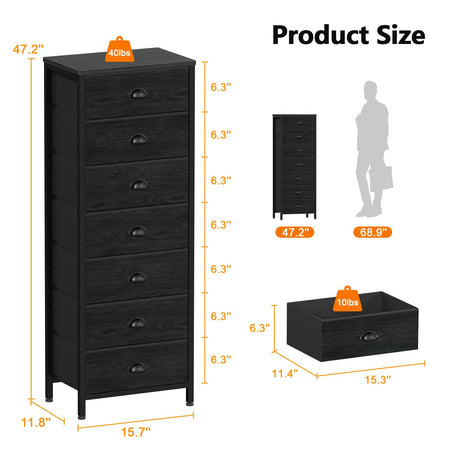 Furnulem Bedroom Dresser, Tall Dressers & Chests of Drawers with 7 Fabric Bins, Black Dresser Organizer in Closet,Dorm,Living Room,Nursery,Hallyway-Storage Tower Unit Sturdy Steel Frame, Black Oak Furnulem