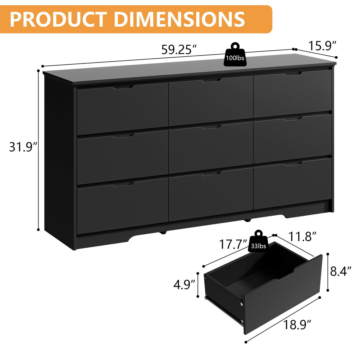 Tradre 59'' Black Dresser for Bedroom, 9 Drawer Wood Dresser with Handle Free, Large Modern Chest of Drawers for Home Office, Living Room, Entryway Tradare