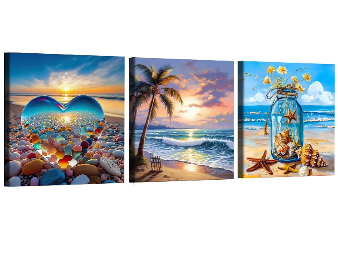 AIBOERL 3 Pack Beach Scenery Diamond Art Kits for Adults,Beach Diamond Painting Kits for Beginner, DIY Round 5D Full Drill Diamond Dots Crafts for Home Wall Decor Gifts 12x12Inch AIBOERL