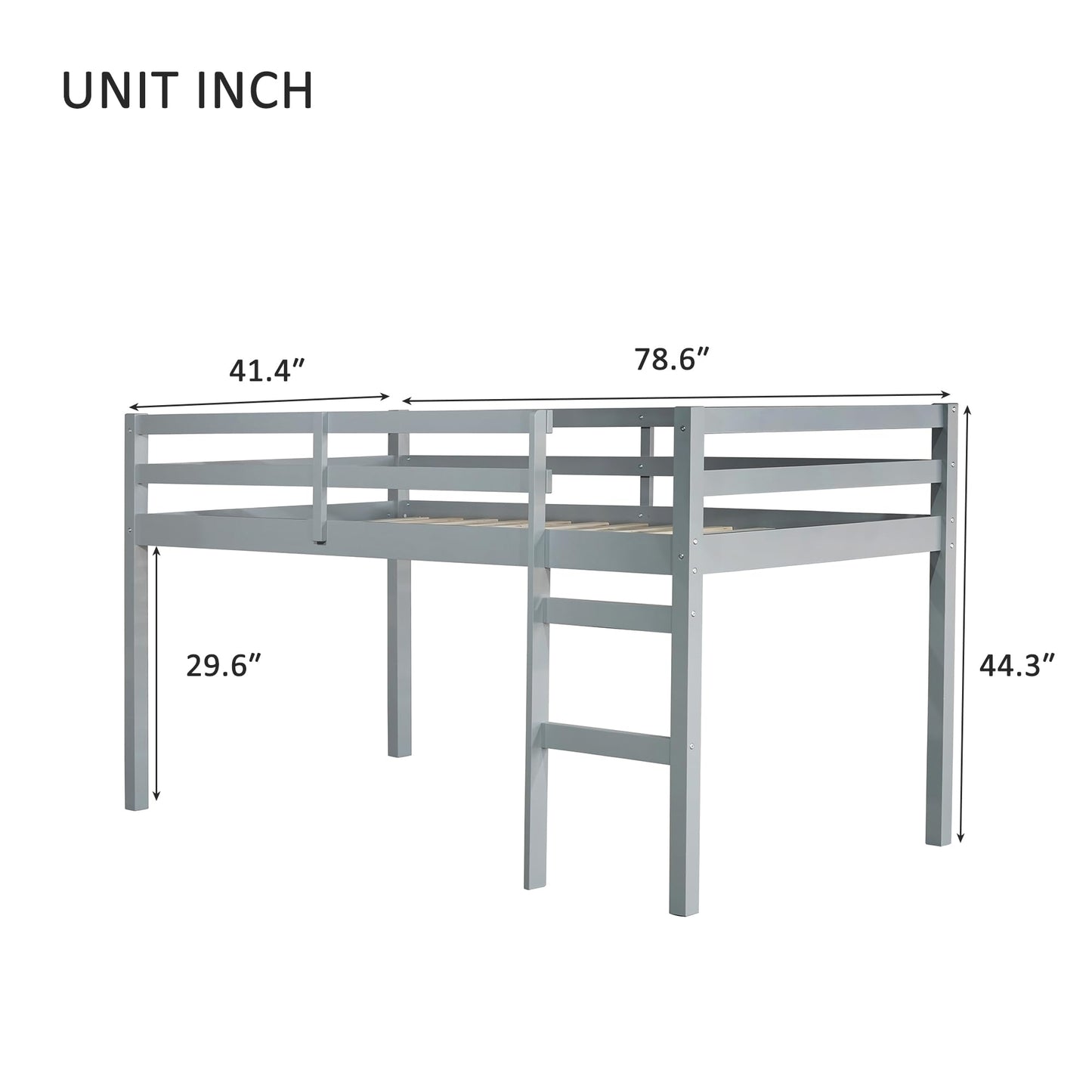 UOCFYK Twin Size Low Loft Bed for Kids, Solid Wooden Low Loft Bed Frame with Ladder and Guardrail for Small Room & Low Ceiling Bedrrom, No Box Spring Required, Slat Support, Grey