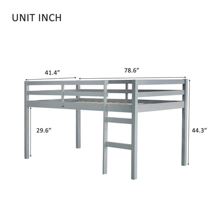 UOCFYK Twin Size Low Loft Bed for Kids, Solid Wooden Low Loft Bed Frame with Ladder and Guardrail for Small Room & Low Ceiling Bedrrom, No Box Spring Required, Slat Support, Grey