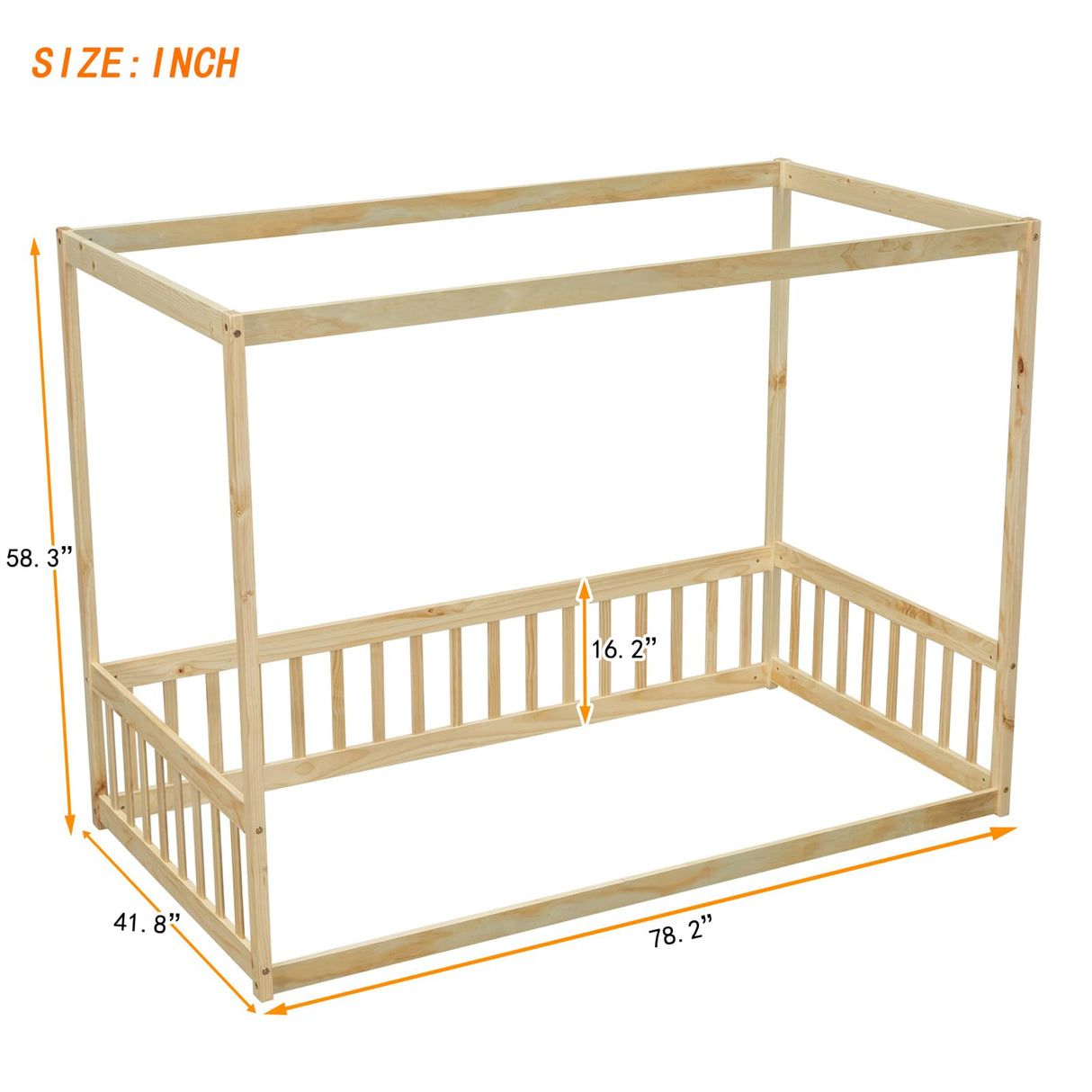 Twin Size Floor Canopy Bed Frame with Fence and Guardrails, 4-Poster Canopy Bed for Boys and Girls, Montessori Bed for Kids Room and Bedroom, Mattress Foundation, Easy Assembly (Natural, Twin) CNANXU