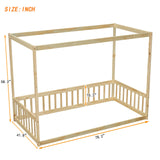 Twin Size Floor Canopy Bed Frame with Fence and Guardrails, 4-Poster Canopy Bed for Boys and Girls, Montessori Bed for Kids Room and Bedroom, Mattress Foundation, Easy Assembly (Natural, Twin) CNANXU