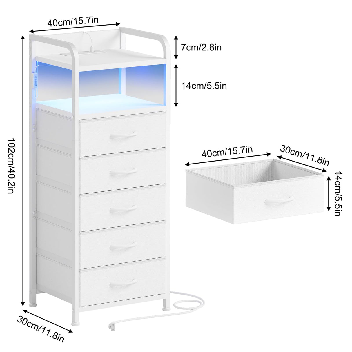 Fixwal Tall Dresser with 5 Drawers for Bedroom, 40 Inch LED Tall Nightstand with Charging Station, Night Stand White Dresser with PU Finish, Bedside Table for Dorm Fixwal