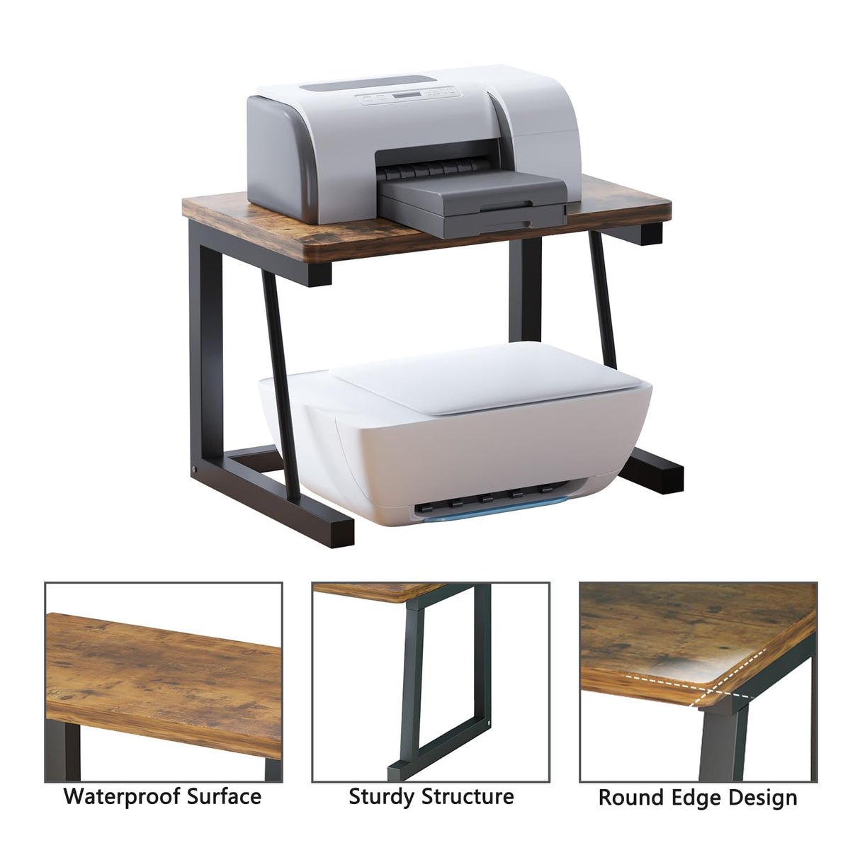 WRITECRY Desktop Printer Stand, 2-Tier Wood Rustic Printer Shelf for 3D & Laser Printer, Scanner, Copier, Durable Small Space Storage Organizer for Home Office Kitchen (2-Tier, Brown) WRITECRY