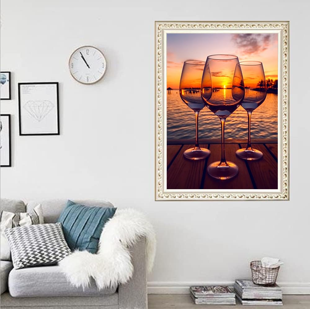 F-CANLAN Round Full Drill Diamond Painting Kit, 5D Sunset Wine Glass Diamond Painting Wine Glass Diamond Dots Arts Crafts Set Adult Children Ocean Rhinestone Diamond Art Room Decor (12X16 inches) F-CANLAN