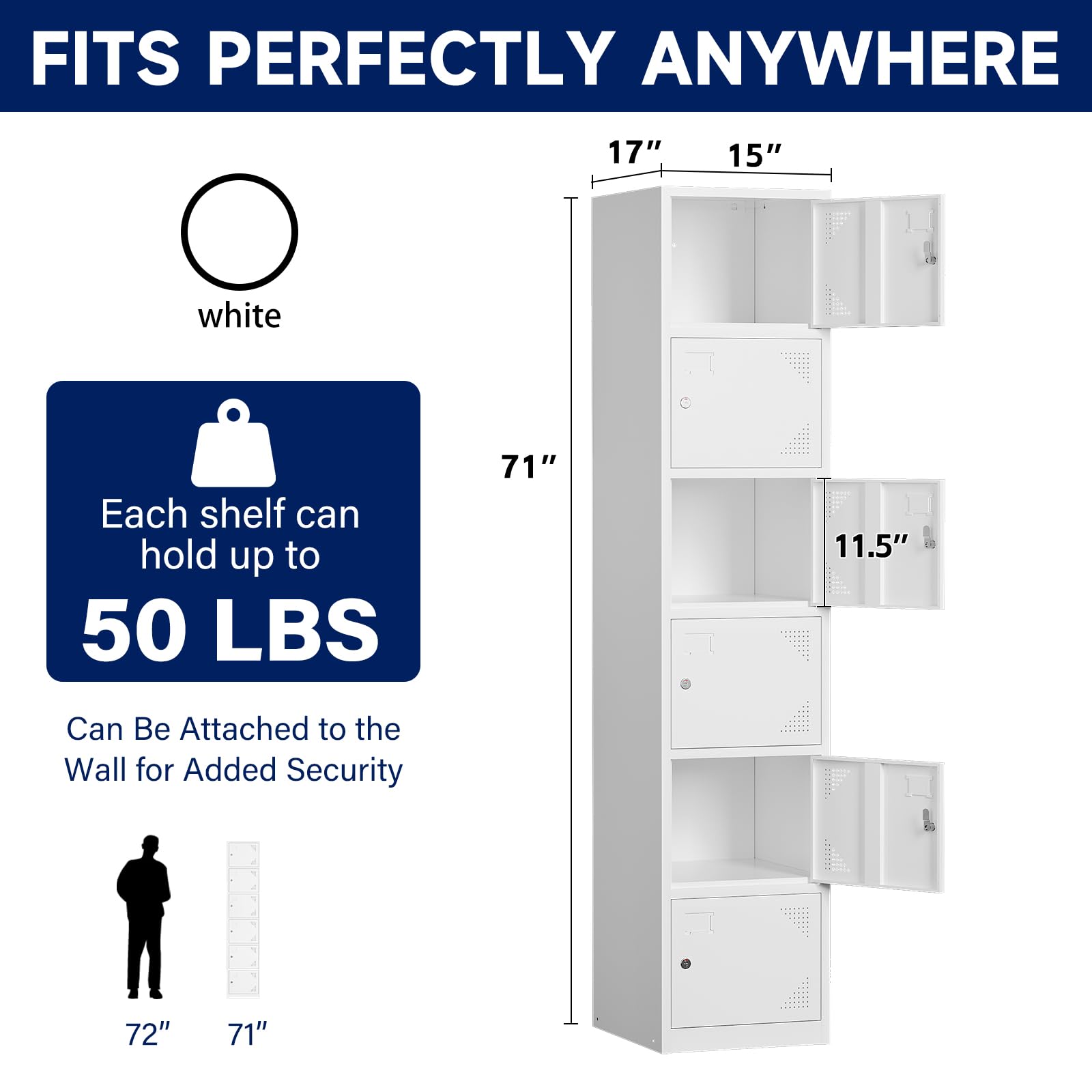 Yizosh Metal Locker with 6 Doors, Tall Steel Storage Lockers for Employees - 71" Locker Storage Cabinets for School, Gym, Home, Office, Garage (White) - WoodArtSupply