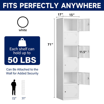 Yizosh Metal Locker with 6 Doors, Tall Steel Storage Lockers for Employees - 71" Locker Storage Cabinets for School, Gym, Home, Office, Garage (White) - WoodArtSupply