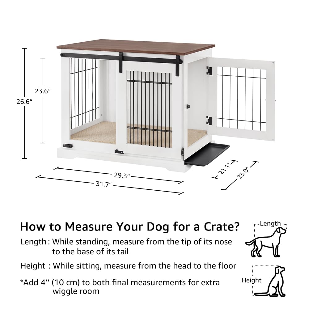 beeNbkks Dog Crate Furniture with Sliding Barn Door, Stylish Double Doors Wooden Kennel with Tray and Cushion, Decorative Indoor Pet House Side End Table for Medium Large Dogs beeNbkks