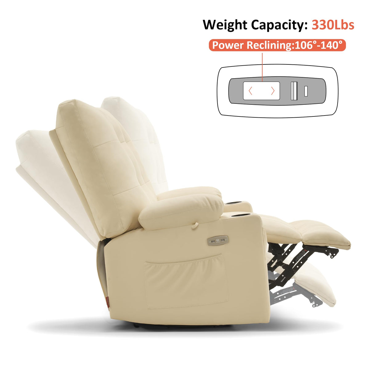 MCombo Large Power Swivel Glider Rocker Recliner Chair with Vibration and Heat for Nursery and USB Ports, Cup Holders and Pockets, Faux Leather 7748 (Cream White, Large) MCombo