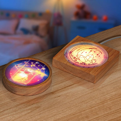 PYD Life 6 Pack Sublimation Night Lights Blanks LED Glass Photo Frames Panels White 3.5" Round with Warm Light,with 3.9" Square Wooden Display Base for Heat Press Machine Printing