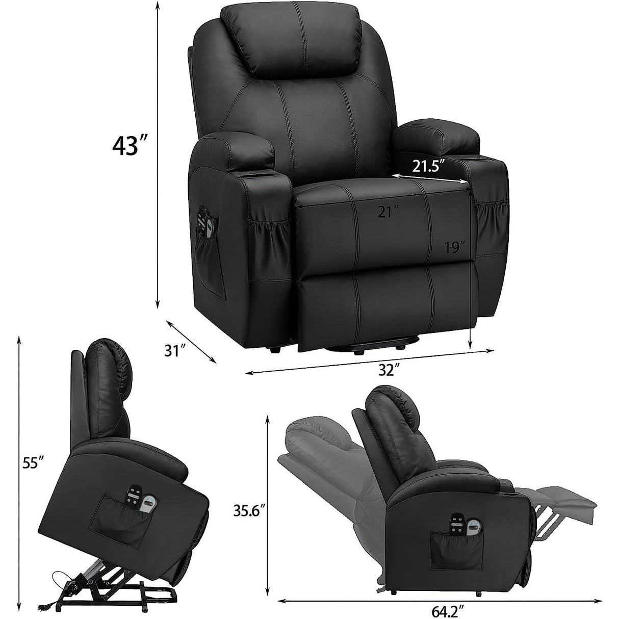 Flamaker Power Lift Recliner Chair PU Leather with Massage for Elderly Ergonomic Lounge Chair Classic Single Sofa with 2 Cup Holders Side Pockets Home Theater Seat (Leather, Light Black) Flamaker