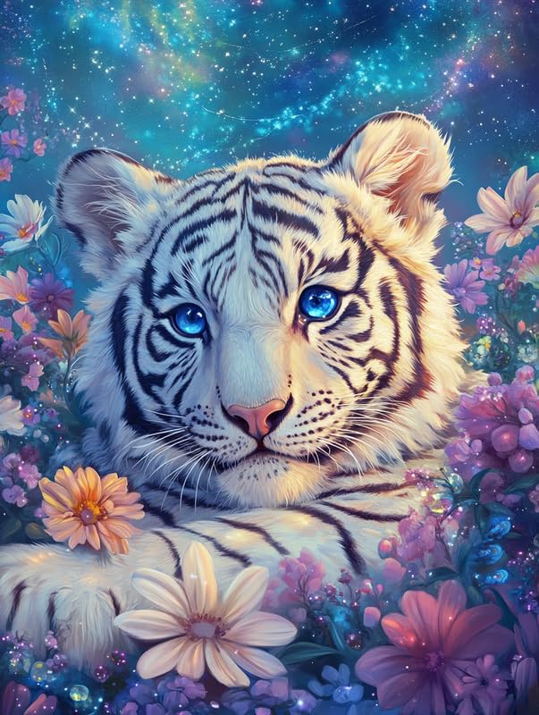Bimkole 5D Diamond Art Kits for Adults White Tiger, Full Drill DIY Rhinestone Embroidery Set Paint with Diamonds Art Flower Animal by Number Kits Cross Stitch Home Wall Craft Decoration 12x16 Inch Bimkole