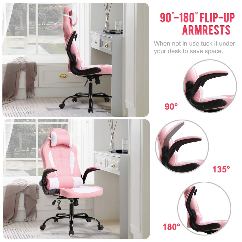 Gaming Chair Office Chair Desk Chair Racing Executive PU Leather Ergonomic Massage Computer Chair with Lumbar Support Headrest Armrest Task Rolling Swivel Chair for Girls, Pink BestOffice