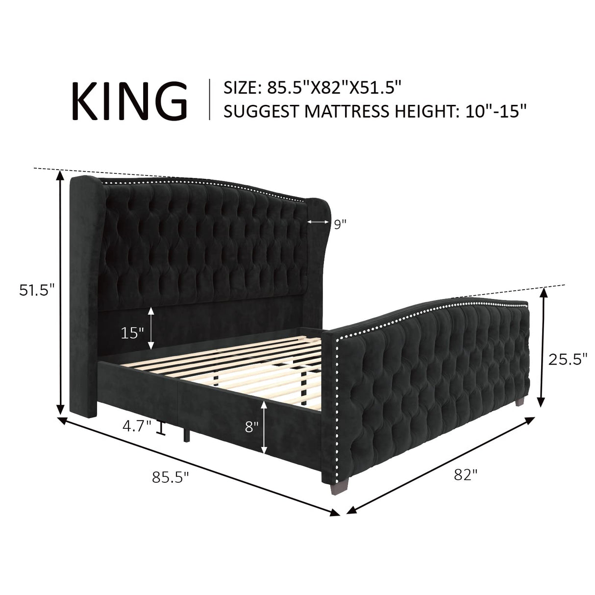 AMERLIFE King Size Platform Bed Frame, Velvet Upholstered Bed with Deep Button Tufted & Nailhead Trim Wingback Headboard/No Box Spring Needed/Black AMERLIFE