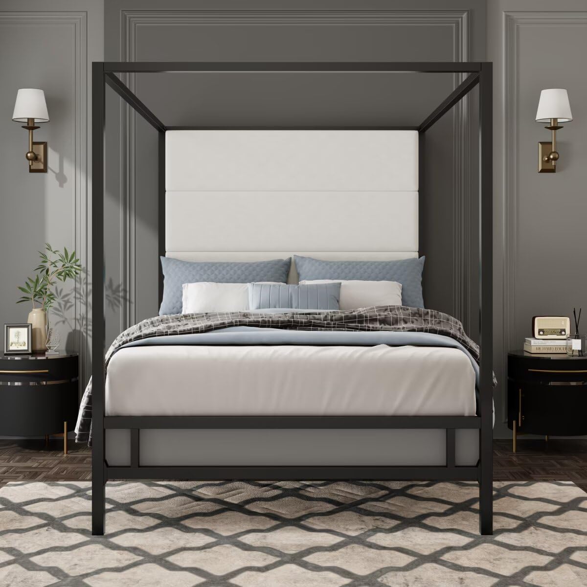 JIJIWANG Modern Black Canopy Bed with Tall Linen Fabric Upholstered Headboard, Metal 4-Poster King Size Canopy Bed Frame, King Bed Canopy, Box Spring Needed (King,Black) JIJIWANG