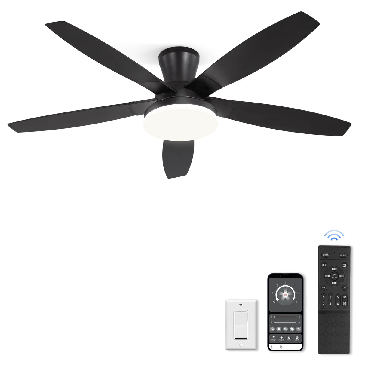 ZMISHIBO 52 inch Ceiling Fans with Lights and Remote/APP Control,Black Low Profile Ceiling Fan with Light,Quiet DC Motor,LED Dimmable, Modern Flush Mount Ceiling Fan for Bedroom Indoor/Outdoor Patio ZMISHIBO