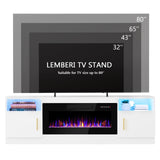 Lemberi Fireplace tv Stand with 36 inch Fireplace Up to 80" TVs,LED Light Entertainment Center and Storage, 70" Modern Wood Media TV Console with Highlight Cabinet for Living Room (White) LEMBERI