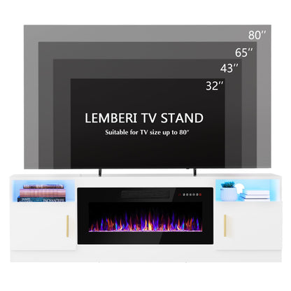 Lemberi Fireplace tv Stand with 36 inch Fireplace Up to 80" TVs,LED Light Entertainment Center and Storage, 70" Modern Wood Media TV Console with Highlight Cabinet for Living Room (White)