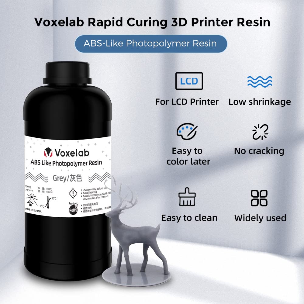 VOXELAB ABS-Like 3D Printer Rapid Resin 405nm LCD UV-Curing Resin Standard Photopolymer Resin for LCD 3D Printing – 1000g (Grey)