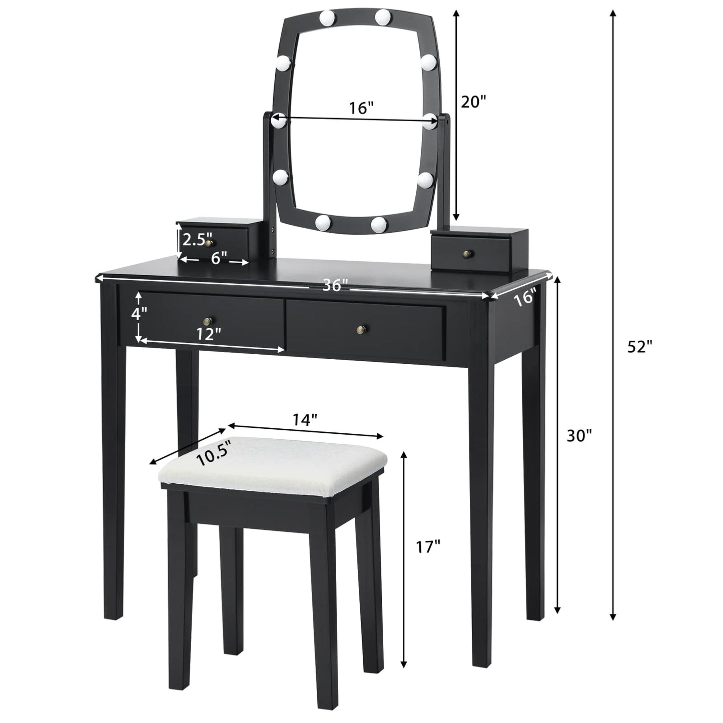 CHARMAID Vanity Table Set with Lighted Mirror, 10 LED Bulbs Adjustable Brightness, 4 Drawers 2 Dividers, Modern Bedroom Makeup Desk Dressing Table with Cushioned Stool for Girls Women (Black)