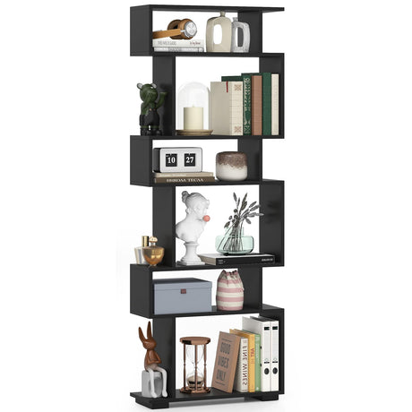 Giantex 6-Tier Geometric Bookshelf, S-Shaped Bookcase with 2 Anti-Tipping Kits, Wooden Display Shelf, Decorative Storage Shelving Unit, Home Storage Organizer for Office Living Room (1,Black) Giantex