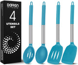 Pack of 4 Large Silicone Cooking Spatulas and Spoons, Slotted and Solid Stainless Steel Cooking Utensils Set, Non-stick Heat Resistant Kitchen for Baking, Fried, Stir-Fry, Mixing, Serving (Blue) DaiRen Kitchen