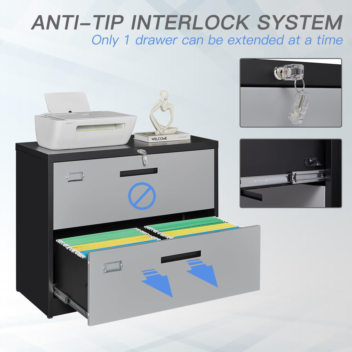 Yizosh 2 Drawer File Cabinet with Lock, Filing Cabinet for Home Office, Metal Locking Office File Storage Cabinet with Drawers, Lateral Filing Cabinet Organizer for Letter/Legal/F4/A4 Yizosh