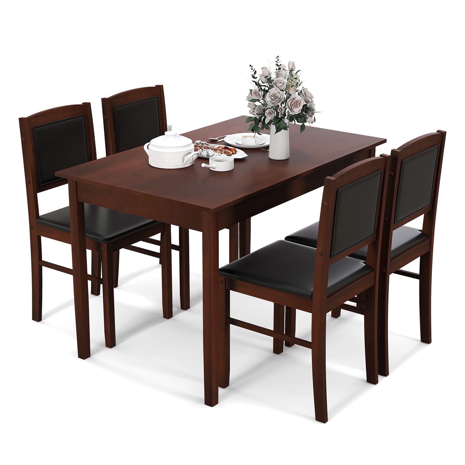 Tangkula Dining Table Set for 4, Solid Wood, Farmhouse Dinette Set w/Rubber Wood Legs, Upholstered Seat & Padded Backrest, Modern Dining Table and Chairs Set for Kitchen, Dining Room (Reddish - WoodArtSupply