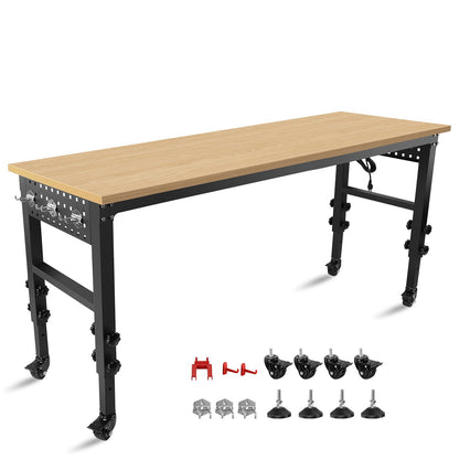 72" × 24'' Height Adjustable Workbench - Rolling Heavy-Duty Worktable with Power Outlet and Wheels, Large Load Capacity Rubber Wood Top Workbench for Garage Office Workshop Home - WoodArtSupply