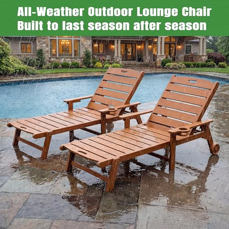 LegacyAmerhome Outdoor Lounge Chair Set of 2 with 5-Position Adjustable, Outside Lounge Chair with Cup Holder, Wheels for Easy Mobility, HDPE Tanning Chair for Poolside, Patio, Brown LegacyAmerhome