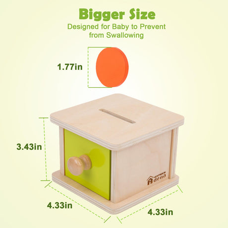 Adena Montessori Coin Box,Object Permanence Box Toys for 1 Year Old Baby Coins,Wooden Montessori Ball Drop Toys Developmental Toys for 6-12 Month Infant Toys,Learning Kids Gifts(Yellow-Green Door) Adena Montessori