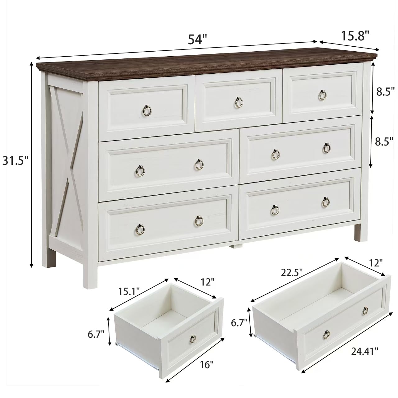 7 Drawer Dresser for Bedroom, 54" Farmhouse Dresser, Rustic Chest of Drawers, White Dresser with Barn Design, Brown Tabletop & Antique Bronze Handles, Wood Dresser for Closet, Bedroom Dresser - WoodArtSupply