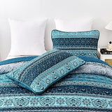 WONGS BEDDING Boho Queen Quilt Set, Blue Bohemian Queen Quilt Bedding Set, Lightweight Microfiber Bed Decor Bedspread for All Season 96"x90"(3 Pieces) WONGS BEDDING