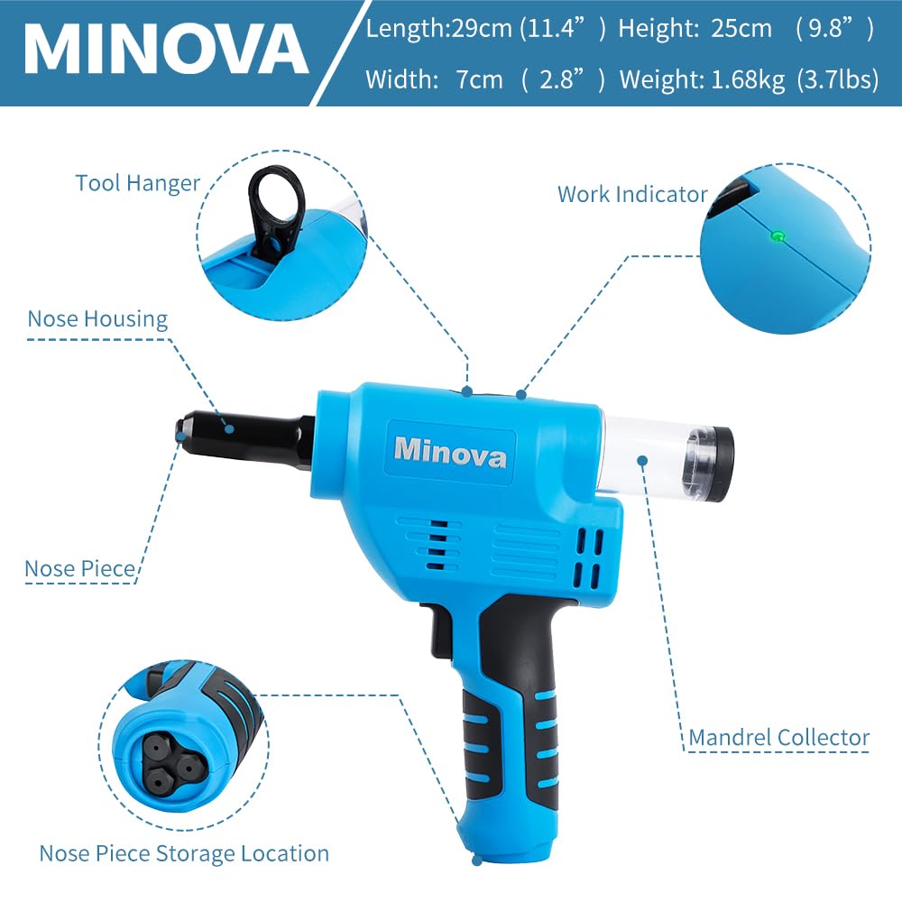 Minova Battery Rivet Tool Kit Cordless Rivet Gun Compatible with 3/32"(2.4 mm) to 3/16"(4.8 mm) Stainless Steel Rivets Minova