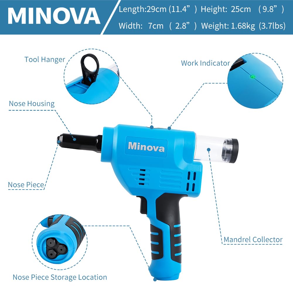 Minova Battery Rivet Tool Kit Cordless Rivet Gun Compatible with 3/32"(2.4 mm) to 3/16"(4.8 mm) Stainless Steel Rivets - WoodArtSupply