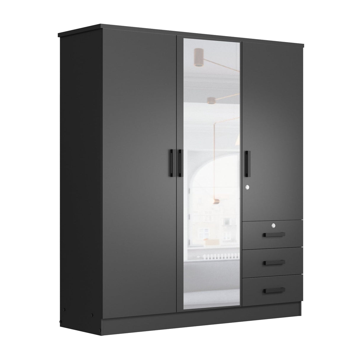Better Home Products Violet Wardrobe Armoire Closet with Mirror, Three Drawers and 3 Doors. (Black) Better Home Products