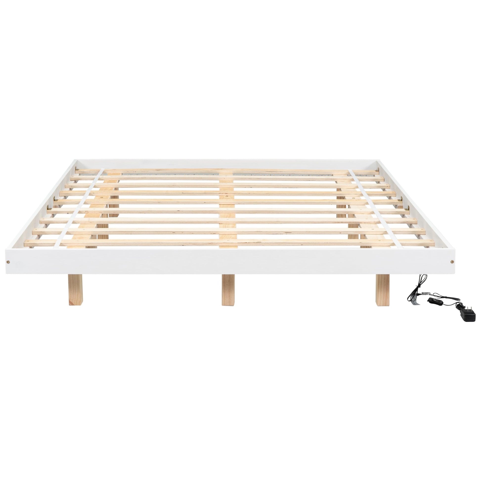 Zaboro Queen Size Floating Bed with LED Lights in White - Modern Low Profile Platform Design, No Box Spring Required - WoodArtSupply