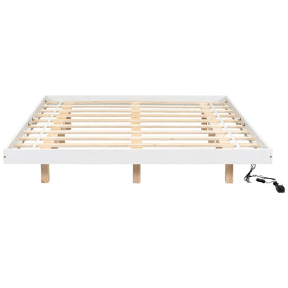 Zaboro Queen Size Floating Bed with LED Lights in White - Modern Low Profile Platform Design, No Box Spring Required - WoodArtSupply