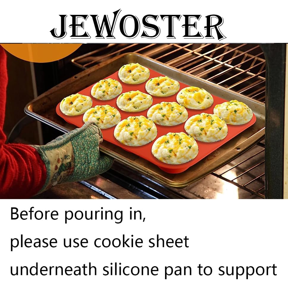 JEWOSTER 12 Cups Silicone Muffin Pan 2 Pack - Silicone Cupcake Pan Nonstick Silicone Molds Great for Making Muffin Cakes,Bread, Tart - BPA Free Baking Accessory JEWOSTER