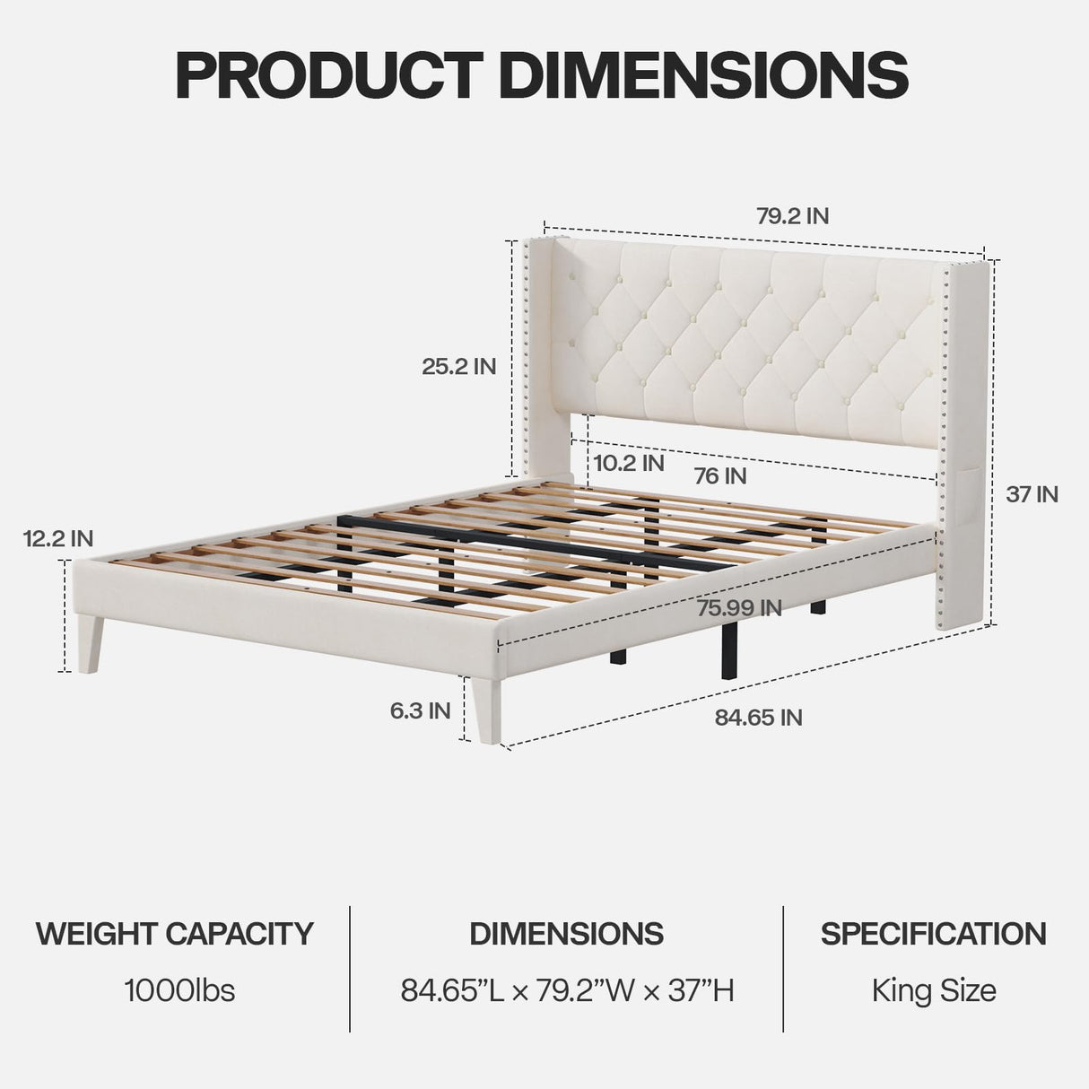 DOGIBIXO King Size Upholstered Bed Frame with LED Lights and Wingback Headboard, No Box Spring Required, Beige DOGIBIXO