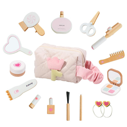 16Pcs Wooden Makeup Kit Toy for Toddlers, Pretend Play Beauty Salon Set with Styling Tools, Cosmetics and Storage Bag for Kids Age 3+ - WoodArtSupply